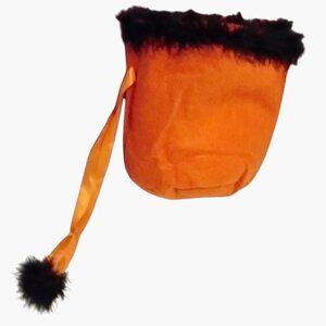 Halloween Gift Bag Fur Trim Trick Or Treat  Orange Black Fuzzy Poms